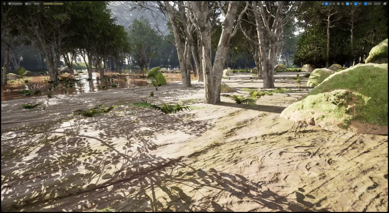 Photorealistic simulated off-road ground with vegetation and a moss-covered boulder
