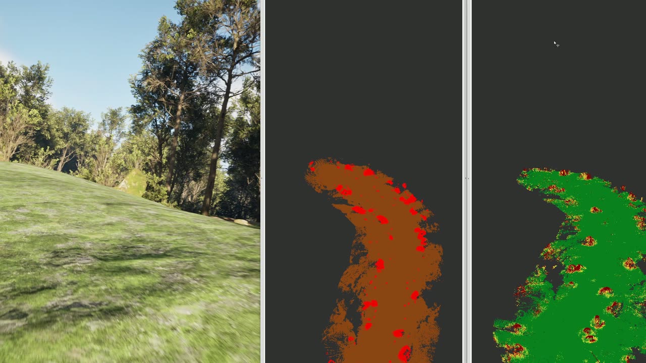 Driving camera view beside mobility maps of the terrain that build up as the vehicle explores
